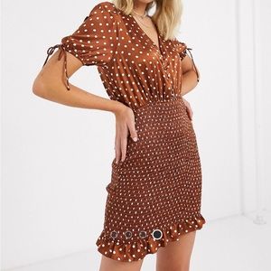 Moon River satin bodycon dress in brown polka dot